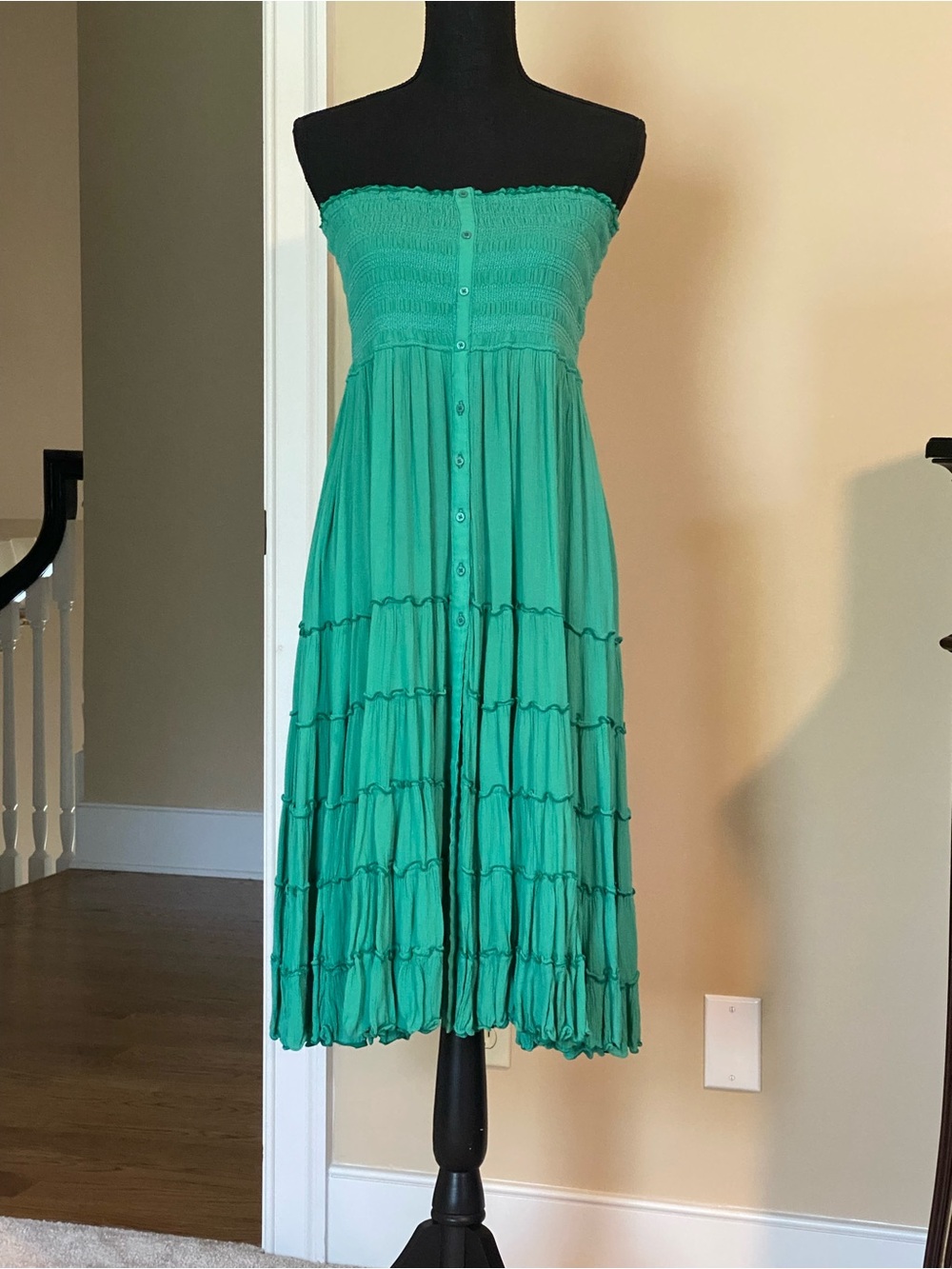 Poupette St. Barth Teal Strapless Smocked Tiered Midi Dress